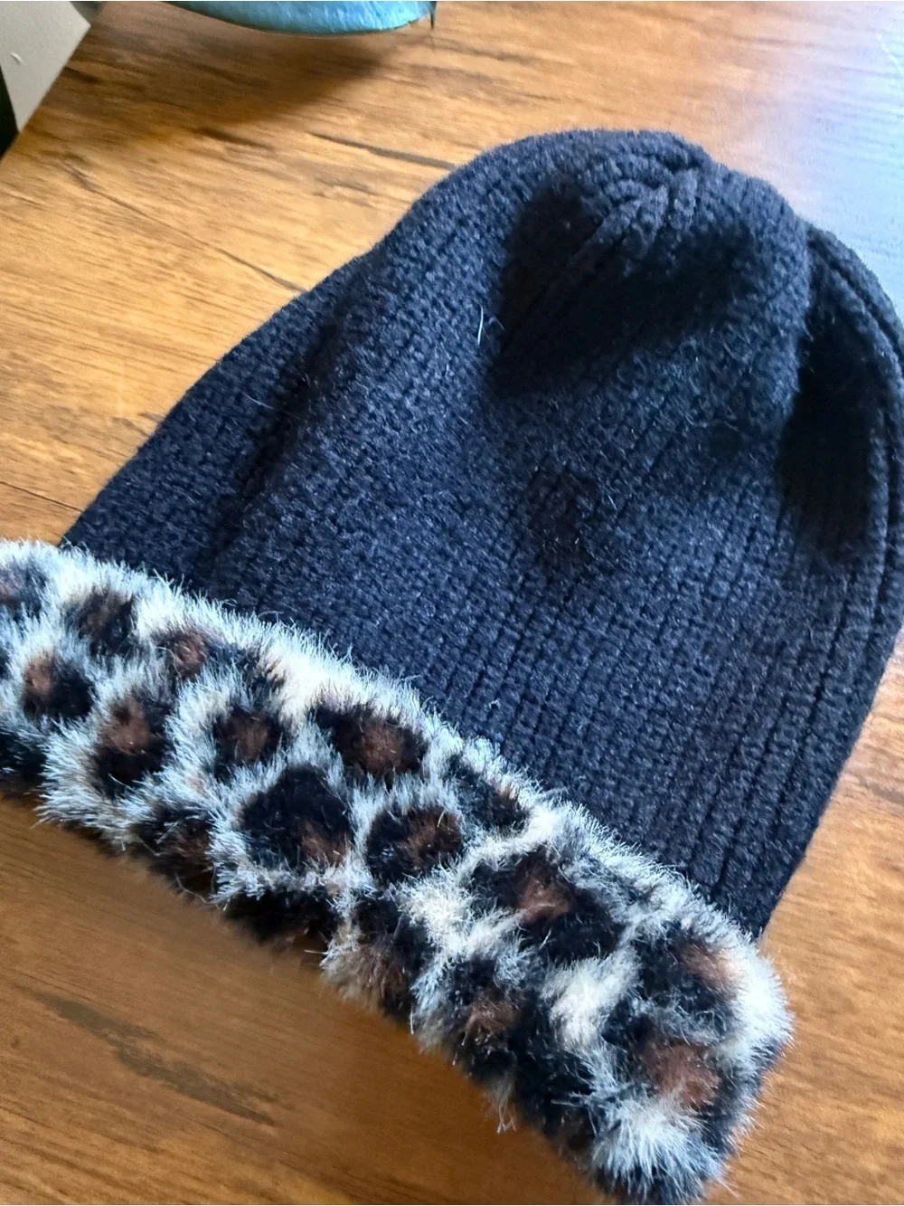 Black Beanie with Leopard Faux-Fur Cuff